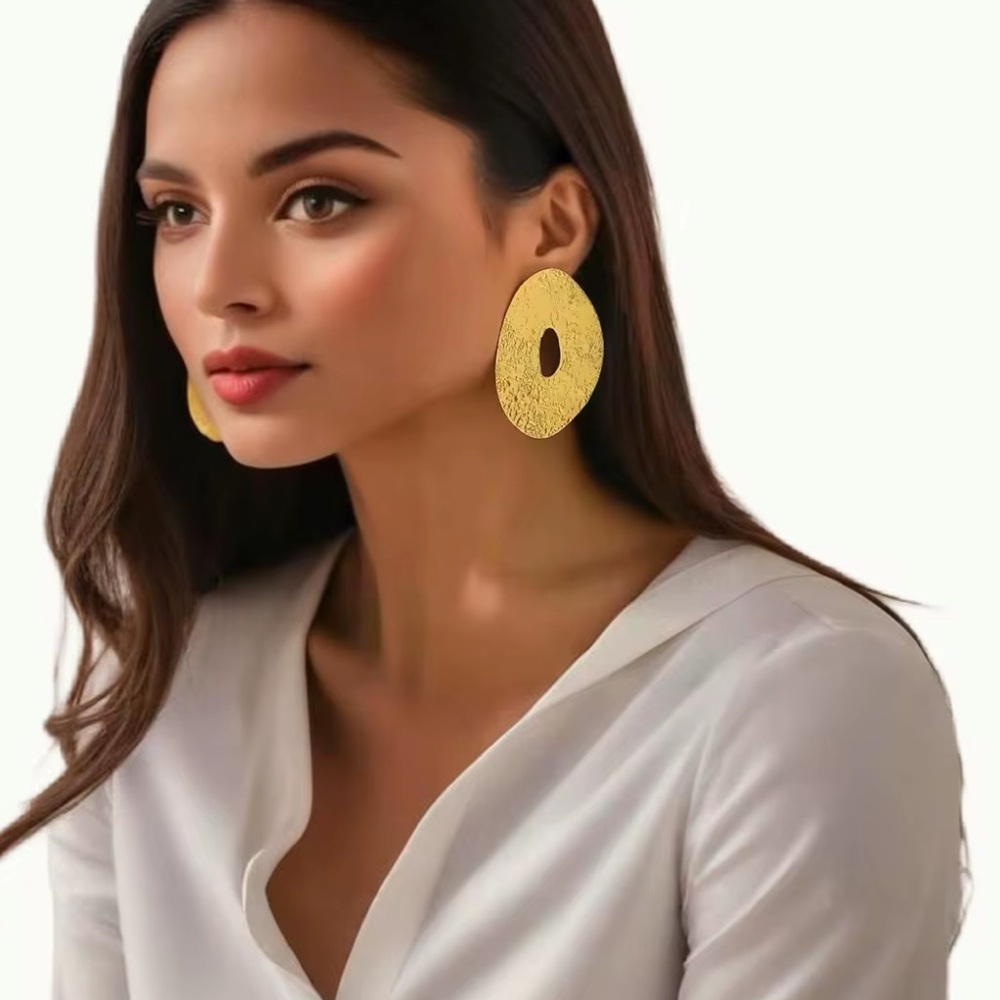 NWT Statement Gold Disc Earrings | Bold Textured Oval | Pierced | 2” x 3” | OS